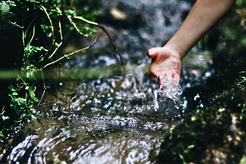 Dipping hand in clear running stream